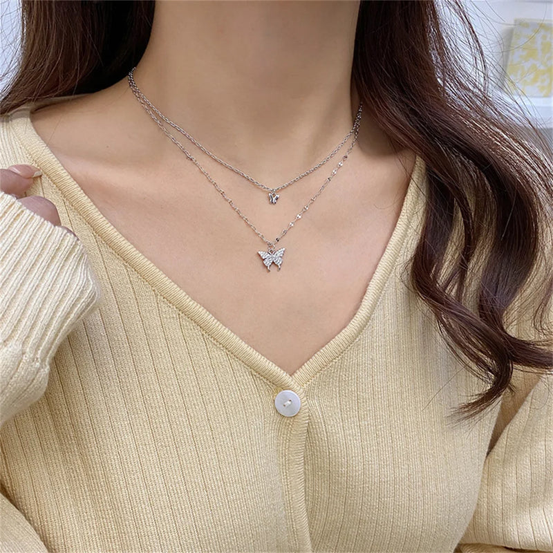 Shiny Butterfly Exquisite Double Layer Clavicle Chain Necklace