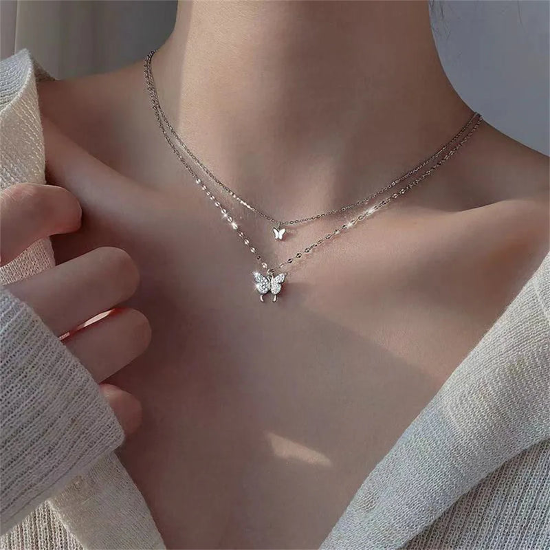 Shiny Butterfly Exquisite Double Layer Clavicle Chain Necklace